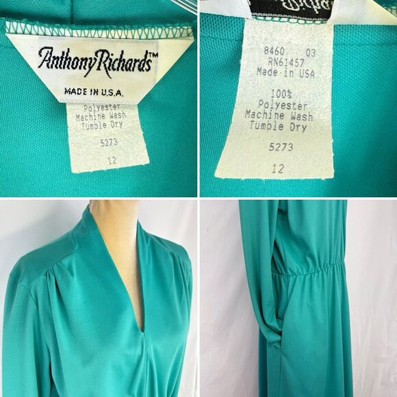 Antthony Richards Women Green Midi Dress V Neck Tie Waist Size 12 Vintage - Picture 11 of 16